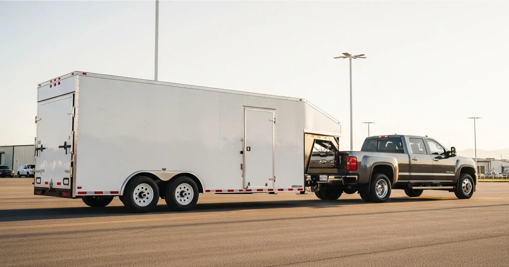 A heavy-duty truck towing a new enclosed gooseneck trailer in a dealership lot