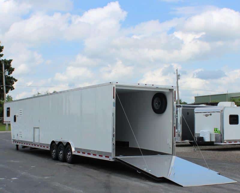 Enclosed Car Trailers with Living Quarters 48' Gooseneck Dragster Pkg. Large Bathroom