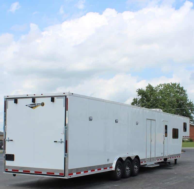 Enclosed Car Trailers with Living Quarters 48' Gooseneck Dragster Pkg. Large Bathroom