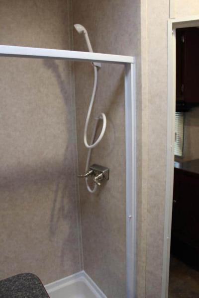 Enclosed Car Trailers with Living Quarters 48' Gooseneck Dragster Pkg. Large Bathroom