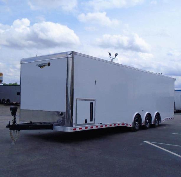Enclosed Race Car Hauler 2023 32' 3/6k Spread Axles Rear Wing Sony Stereo Electric Awning