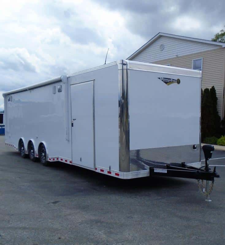 Enclosed Race Car Hauler 2023 32' 3/6k Spread Axles Rear Wing Sony Stereo Electric Awning