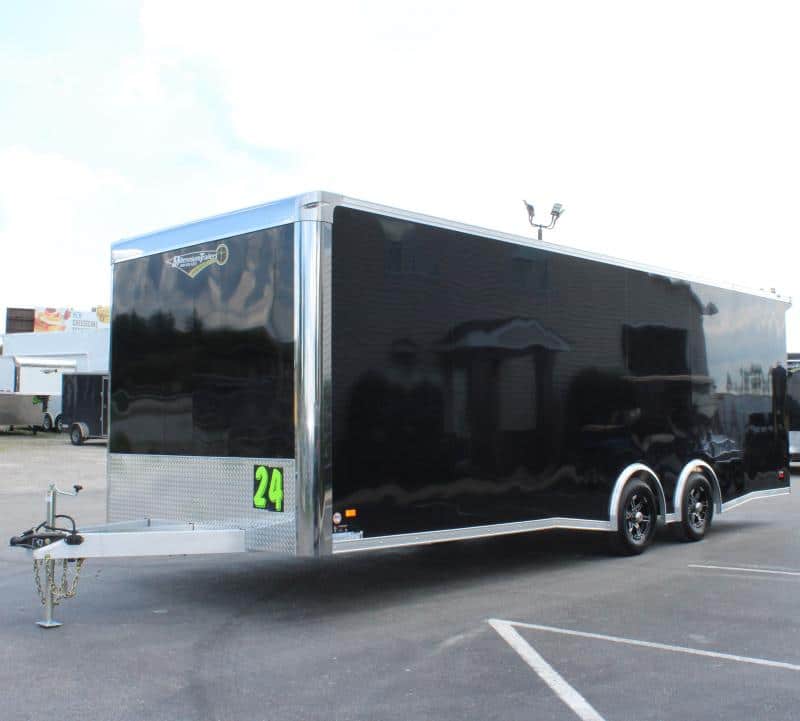 24ft aluminum car trailer.  Black exterior. aluminum wheels, bright anodized radius top cap and uprights.