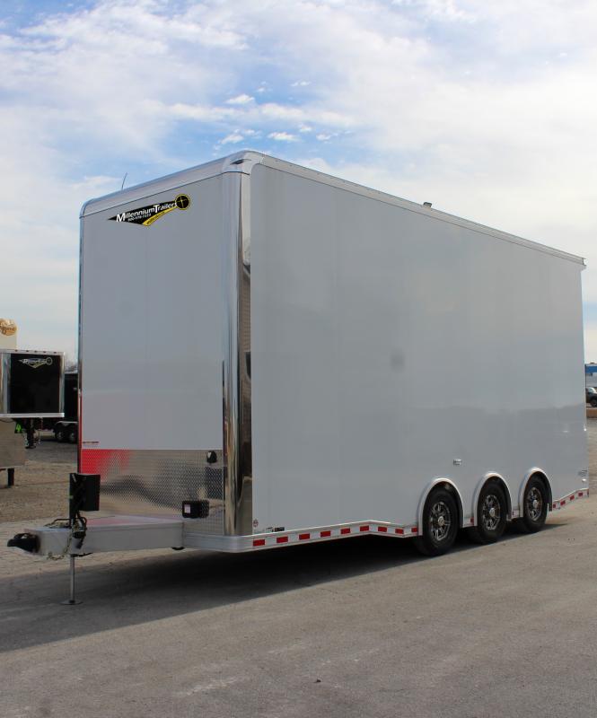 Aluminum Stacker Trailer 2024 24' Front Roadside View. This features aluminum wheels, white screwless exterior, & 8k hydraulic tongue jack.