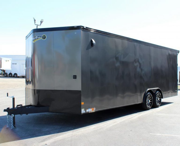 Roadside 2024 24' Charcoal Haulmark Heat with front stone guard, aluminum wheels, and v-nose.