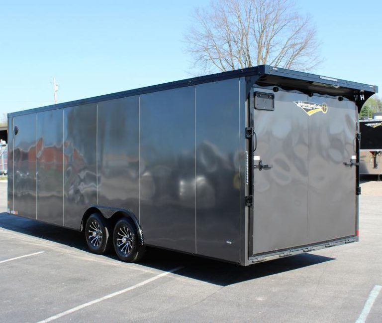 Roadside View 24ft. charcoal enclosed trailer with black-out package. Lighted rear wing, ramp door, aluminum wheels & bonded exterior.