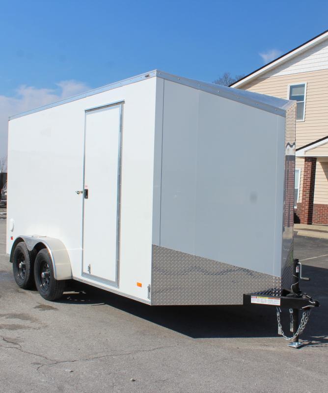 Enclosed Cargo Trailer 2024 7' X 14' Exterior Curbside View. V-Nose Front, Black Mod Wheels, White PolyCor Exterior, Side Door, Tongue Jack.