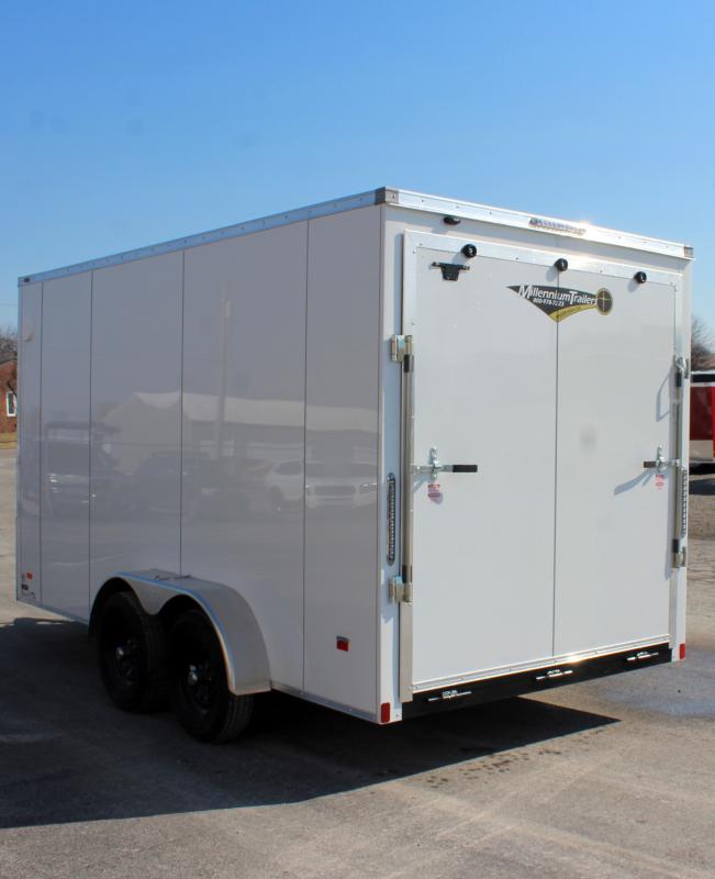 Enclosed Cargo Trailer 2024 7' X 14' Roadside View. White PolyCor Exterior, Black Mod Wheels,& Bar-lock Rear Ramp Door.