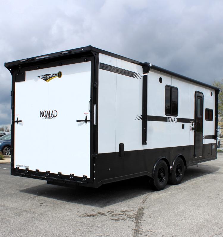 Enclosed Car Trailer with Living Quarters Rear Curbside View with side door, black-out package, electric awning, rear ramp door, & rear wing.