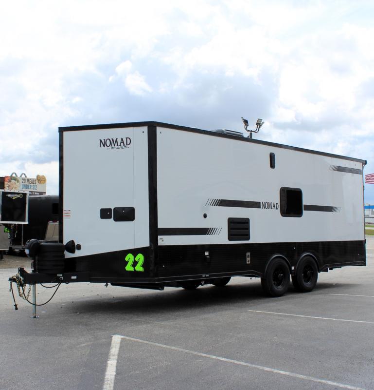 Enclosed Car Trailer with Living Quarters Front Roadside View with v-nose front, propane tanks, black-out package, & side window.