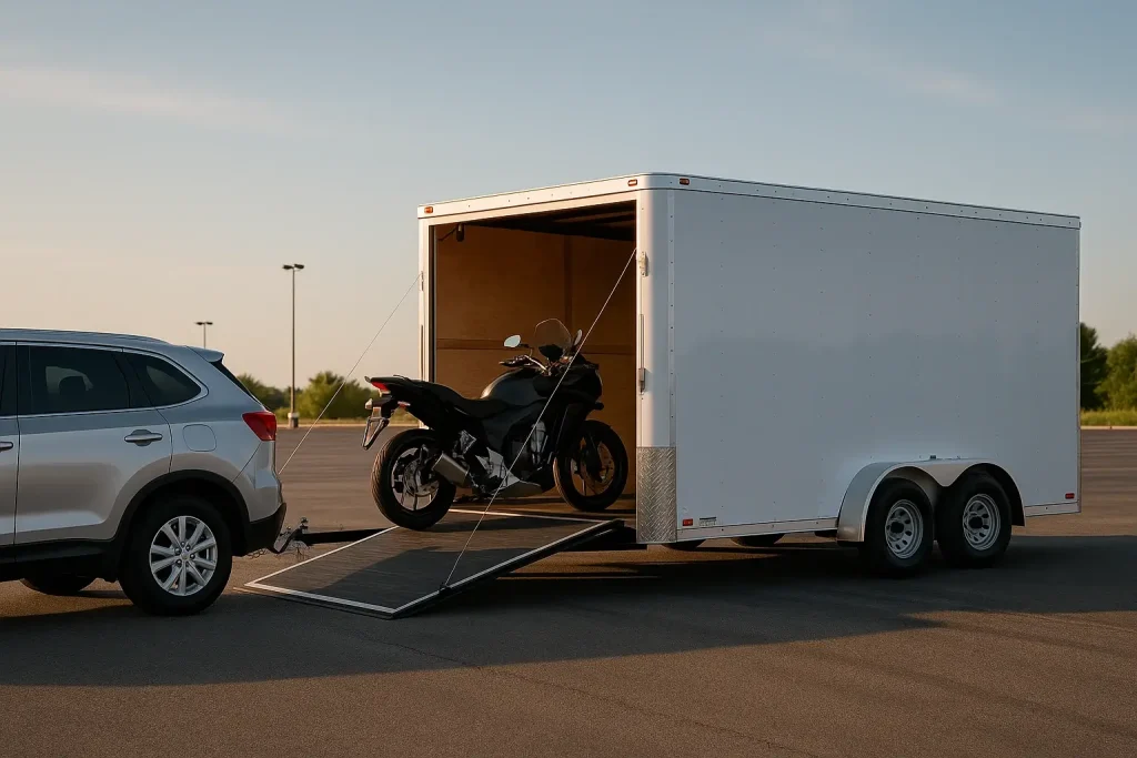 A motorcycle being loaded into a white enclosed trailer hitched to a silver SUV in a parking lot at sunset