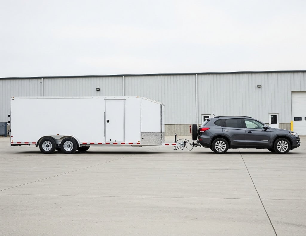 A large enclosed equipment trailer hitched to a heavy-duty vehicle