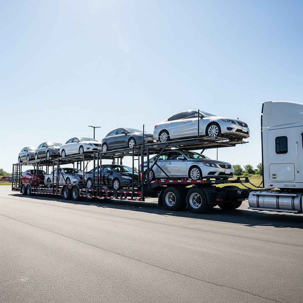A large open car trailer transporting multiple vehicles