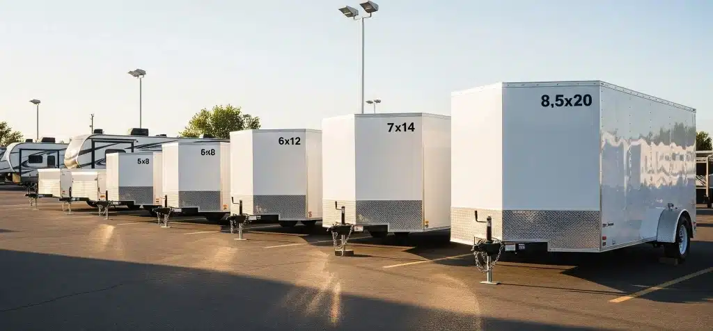 A lineup of fully enclosed trailers of different sizes in a dealership lot