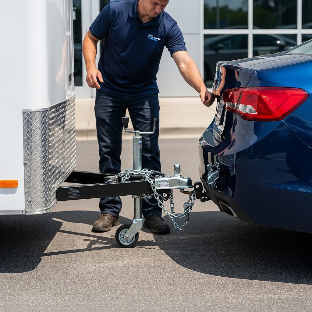 A person connecting a small enclosed trailer to a car using a hitch