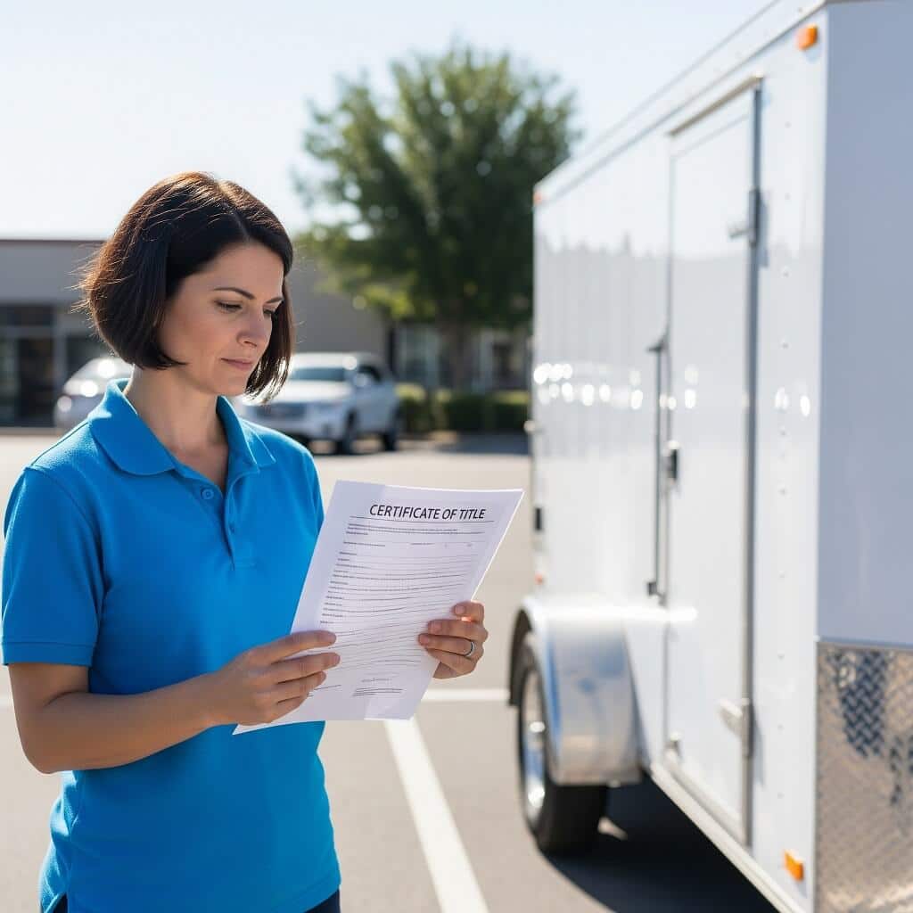 A person handling title paperwork near a used enclosed trailer