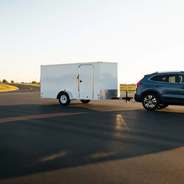 A small enclosed trailer being towed by a compact car in a dealership lot