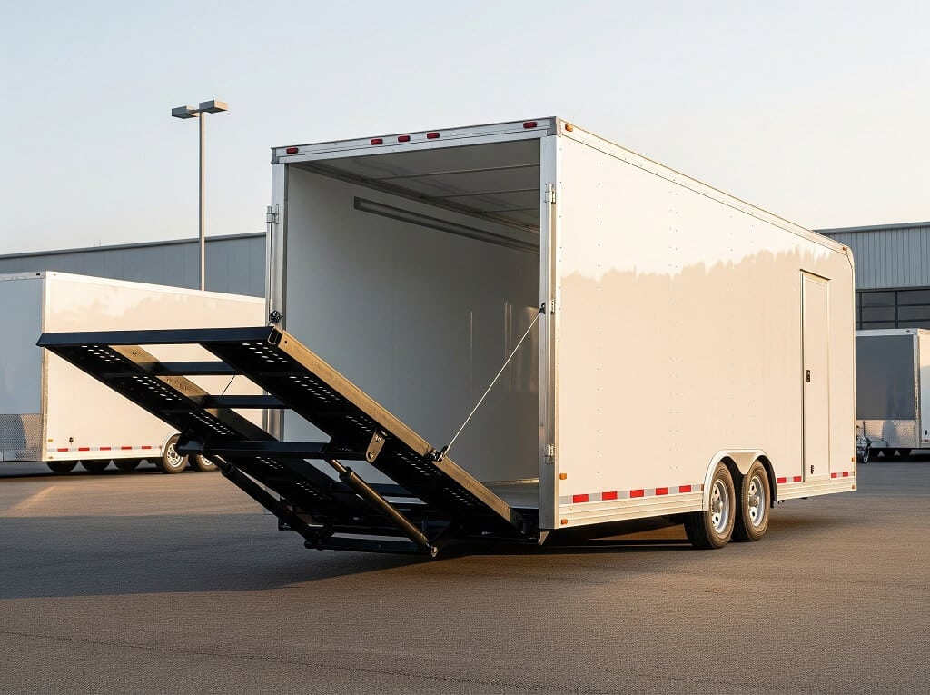 An enclosed car trailer with a hydraulic liftgate lowered for loading