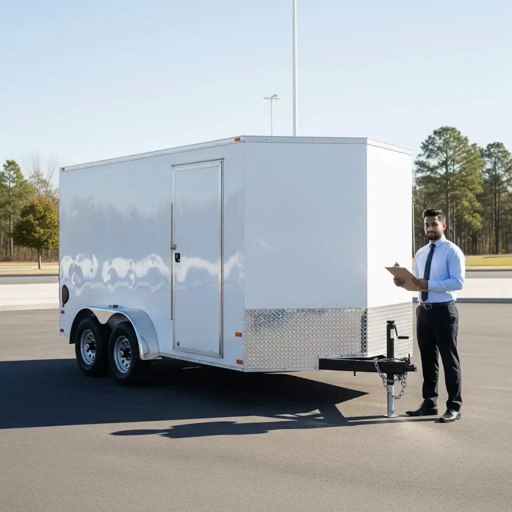An enclosed trailer at a dealership with a person holding registration paperwork
