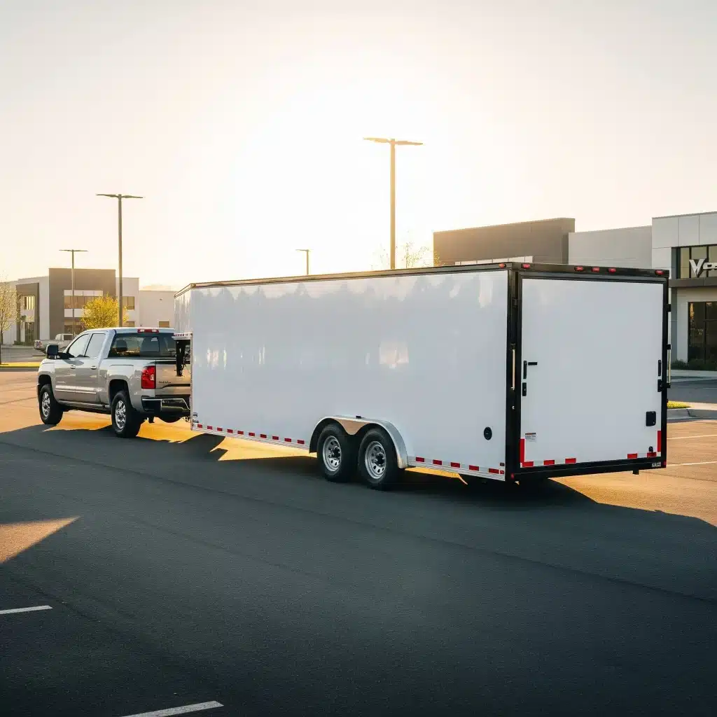 A modern truck hitched to a brand-new enclosed car hauler trailer in a dealership lot