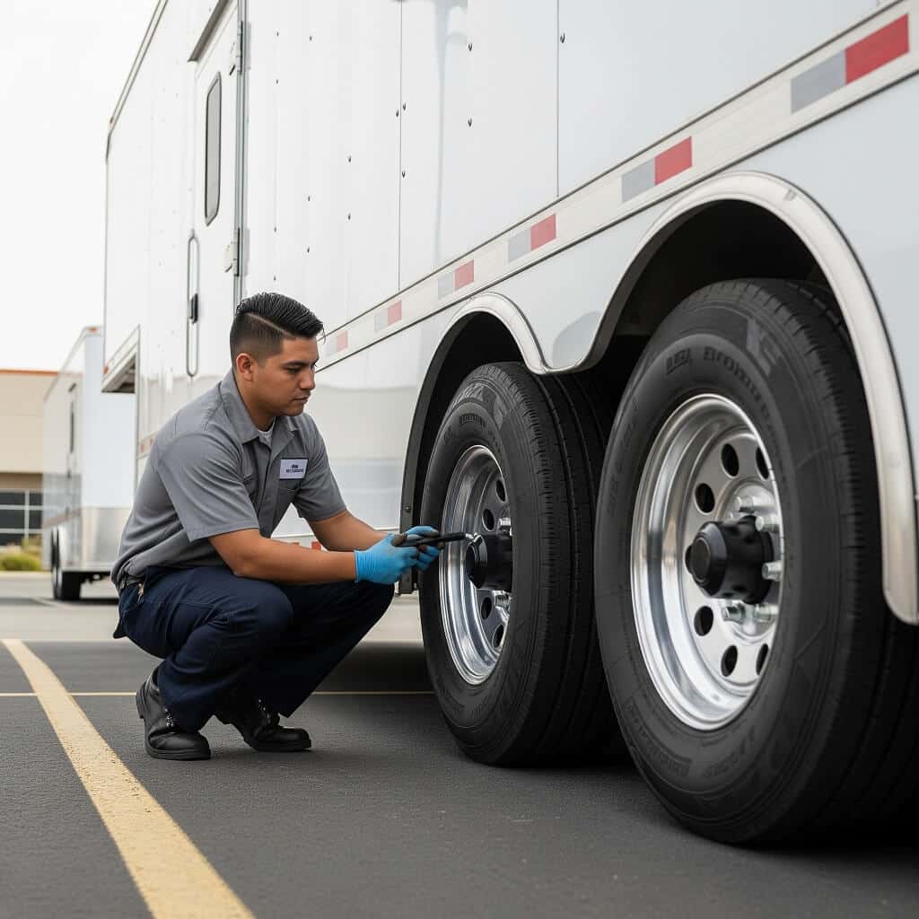A person doing maintenance on an enclosed car hauler trailer in a lot