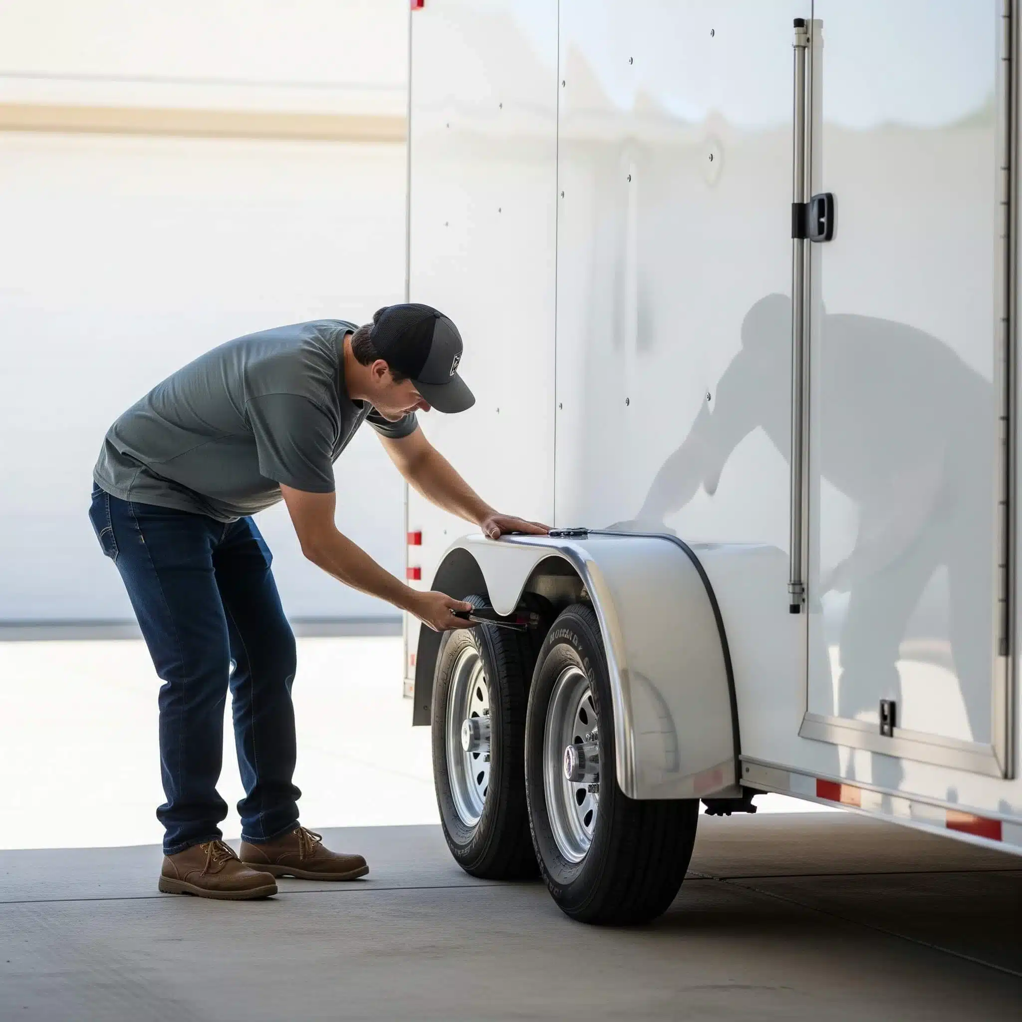 A person performing maintenance on an enclosed trailer