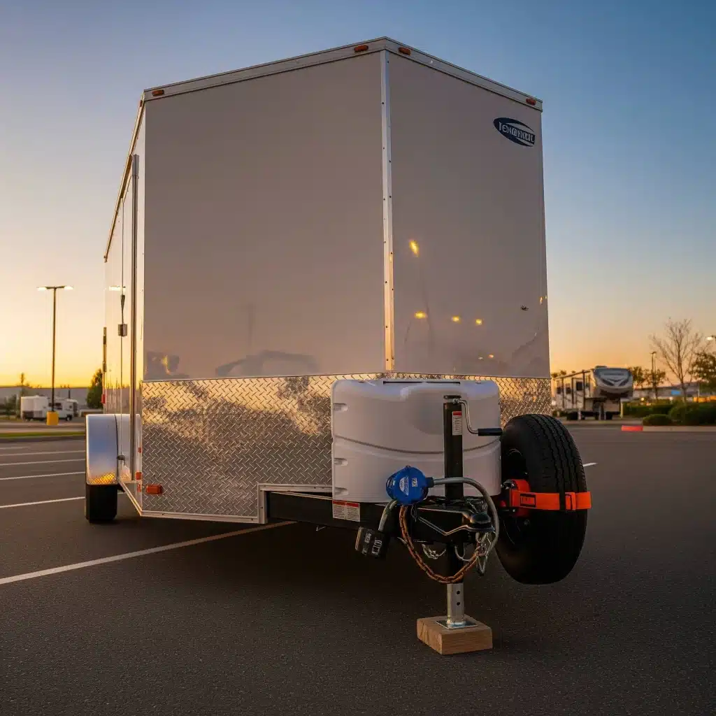 A secured enclosed trailer with visible locks, parked in a clean lot at dusk