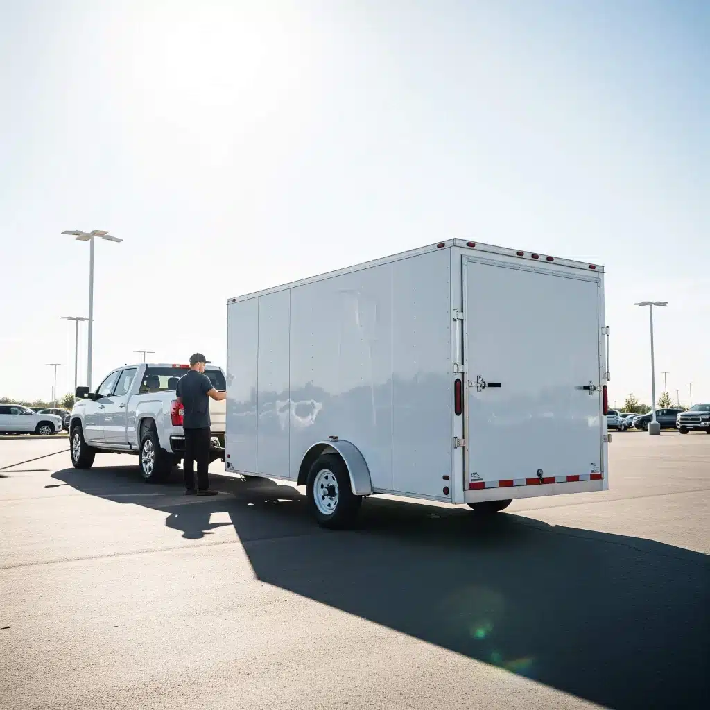 A truck backing up a fully enclosed trailer in a dealership lot