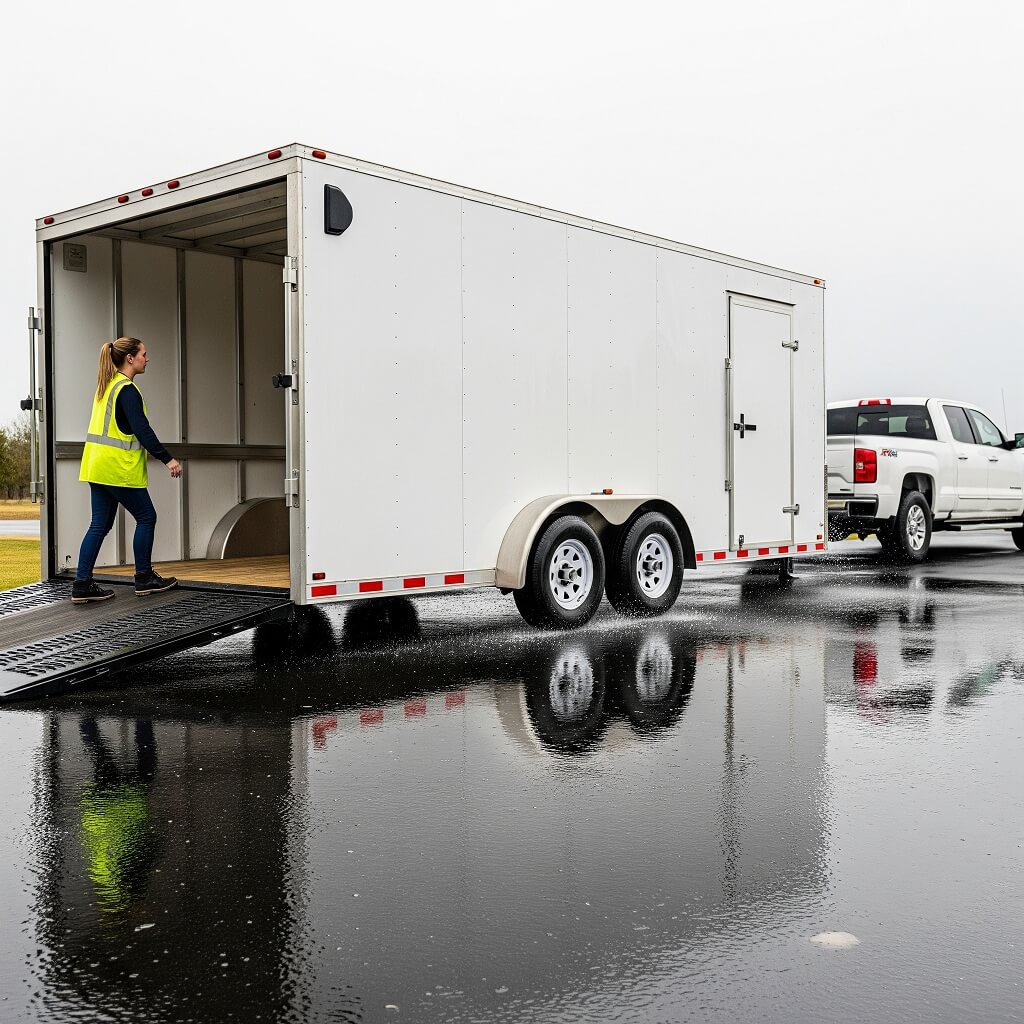 A truck backing up a fully enclosed trailer on a wet surface