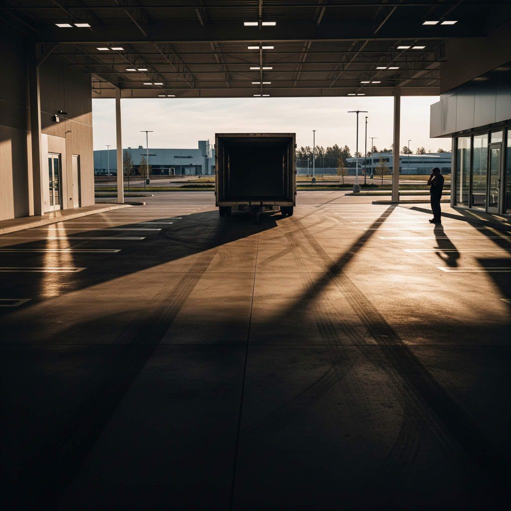 An empty space with tire marks where an enclosed trailer was stolen
