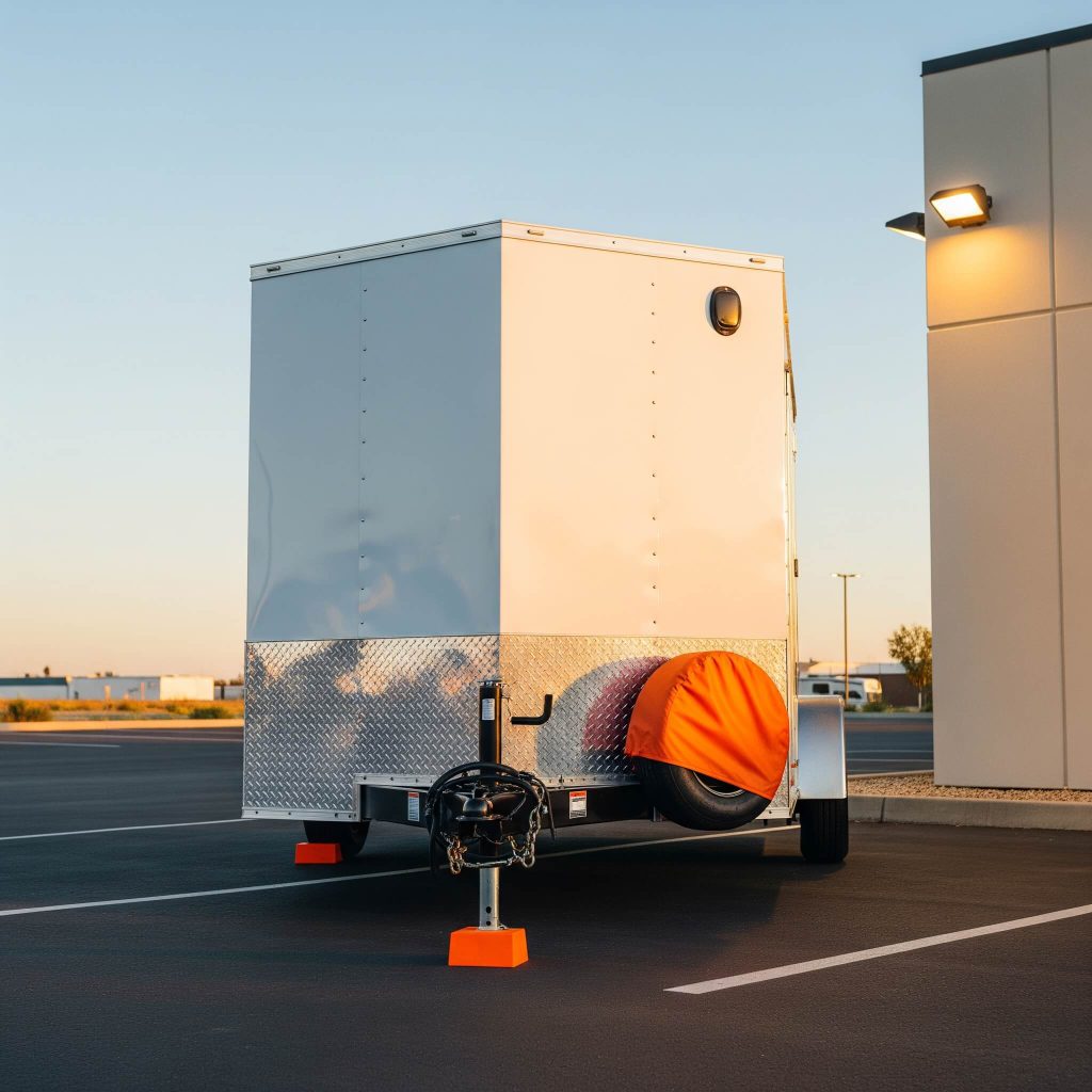 An enclosed trailer secured with a hitch lock and wheel boot at sunset