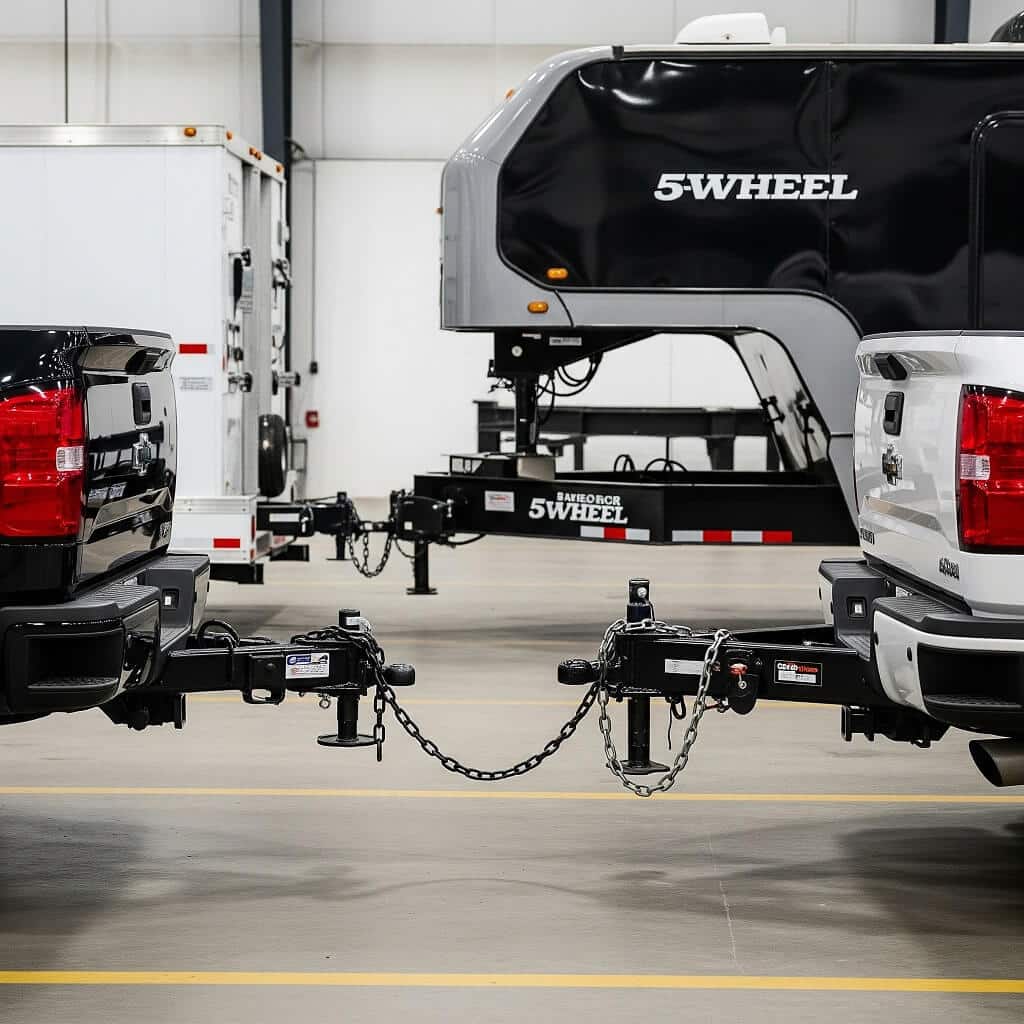 Close-up comparison of gooseneck and 5th-wheel hitches connected to enclosed trailers