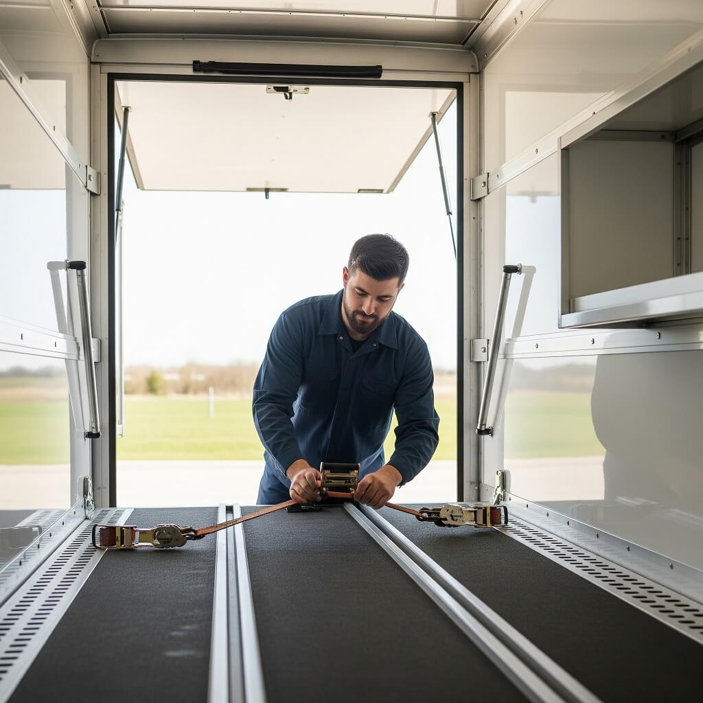 Maintenance being done on a specialty enclosed trailer