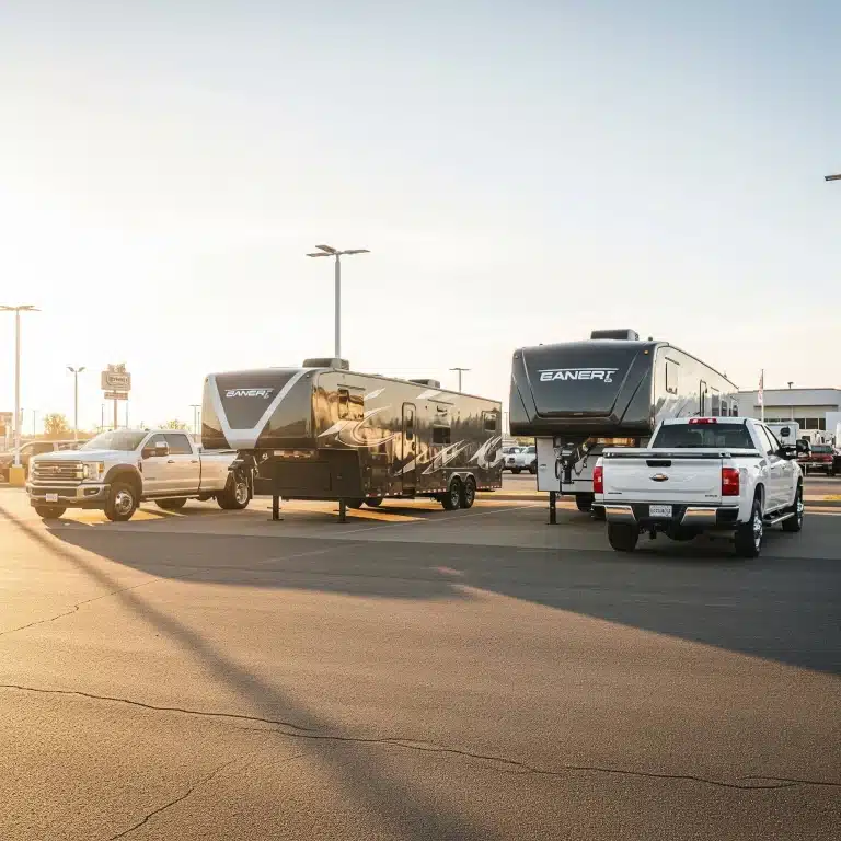Two enclosed trailers hitched to trucks using gooseneck and 5th-wheel hitches