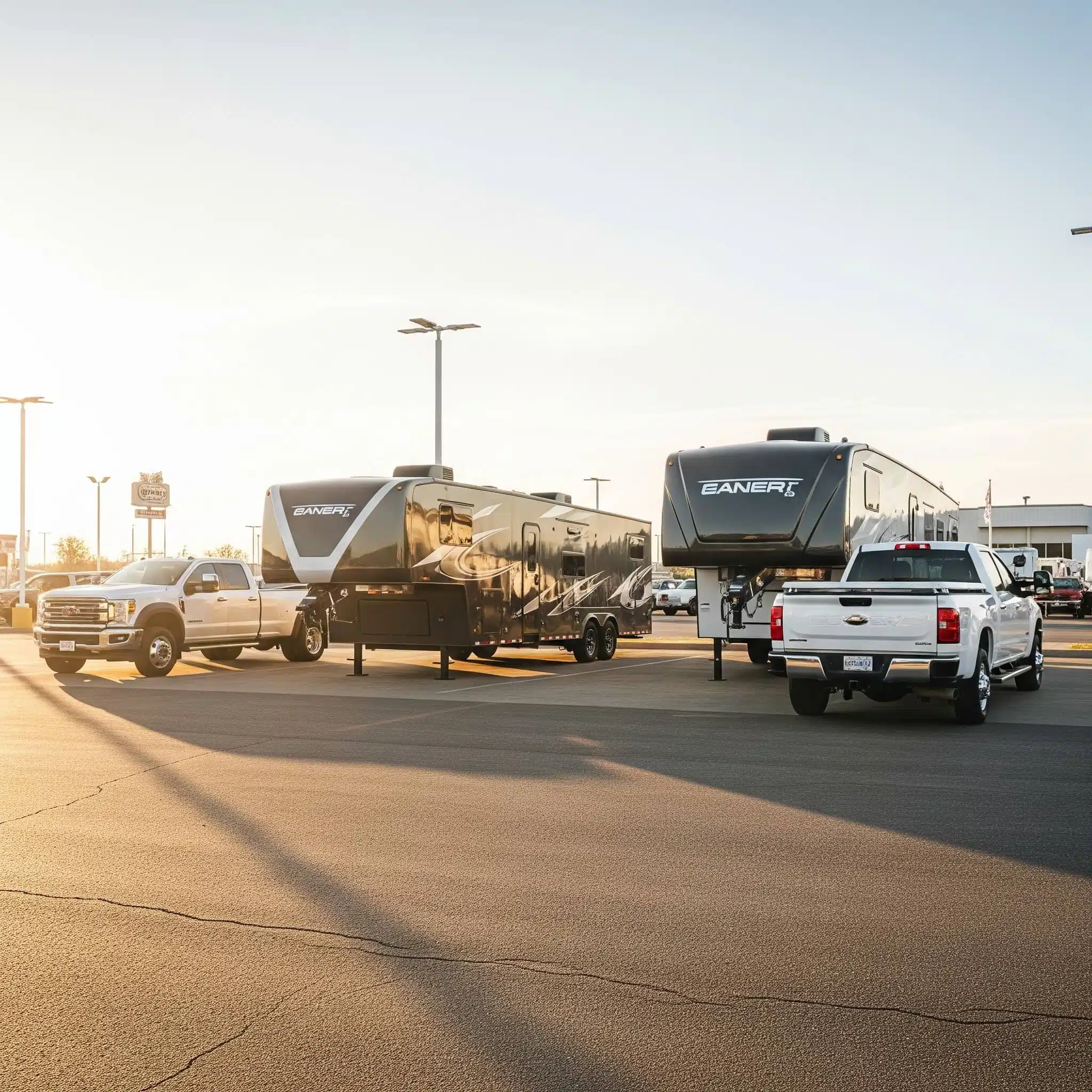 Two enclosed trailers hitched to trucks using gooseneck and 5th-wheel hitches