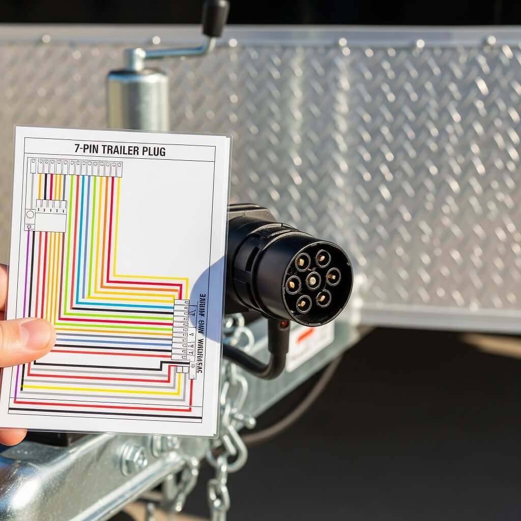 A 7-pin trailer plug and color-coded wiring guide