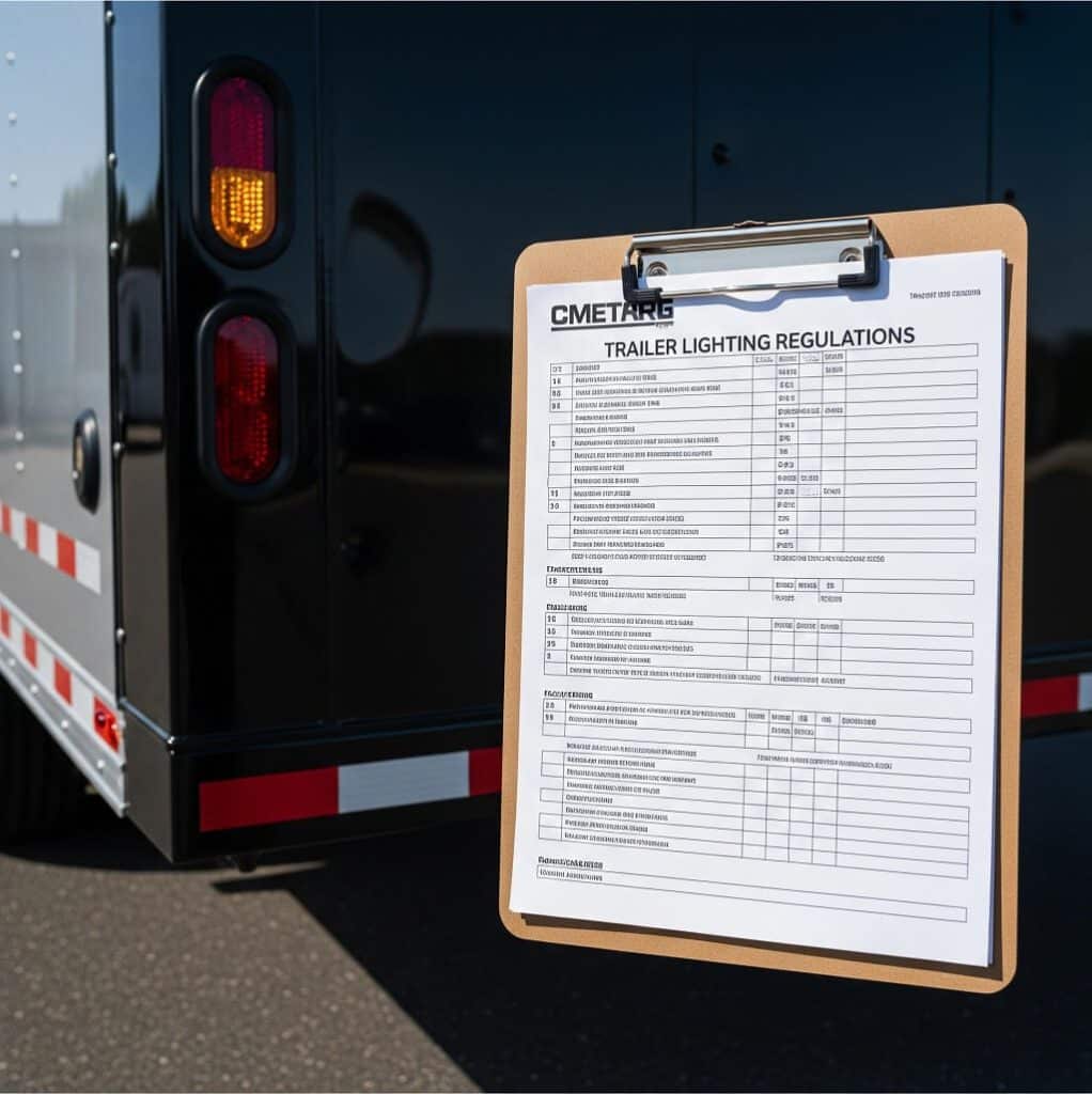 A checklist of trailer light regulations next to an enclosed trailer