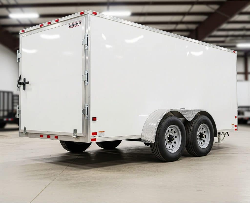 A double axle enclosed trailer shown from the side
