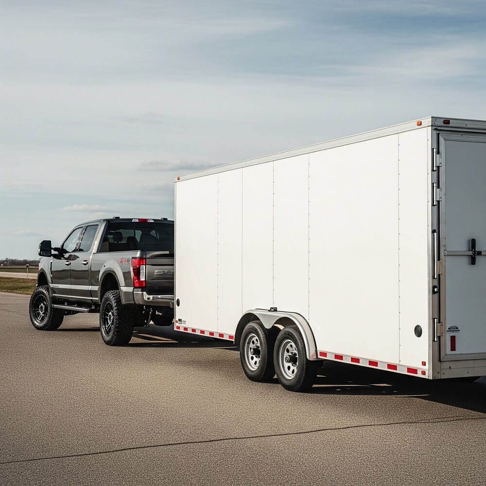 A heavy-duty truck towing a large enclosed trailer on a clear day