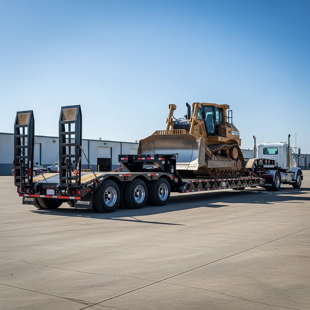 A lowboy trailer hitched to a heavy-duty truck in a clean industrial lot
