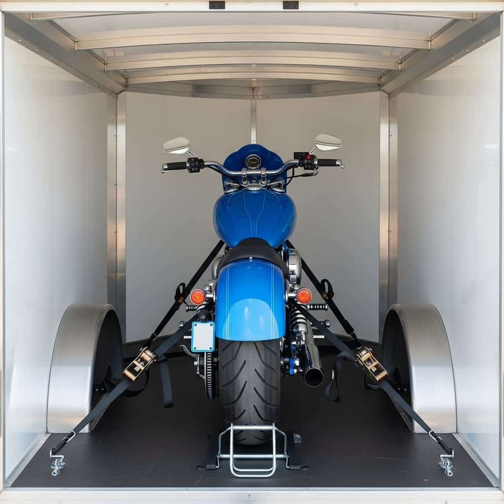 A motorcycle strapped inside an enclosed trailer using tie-down straps