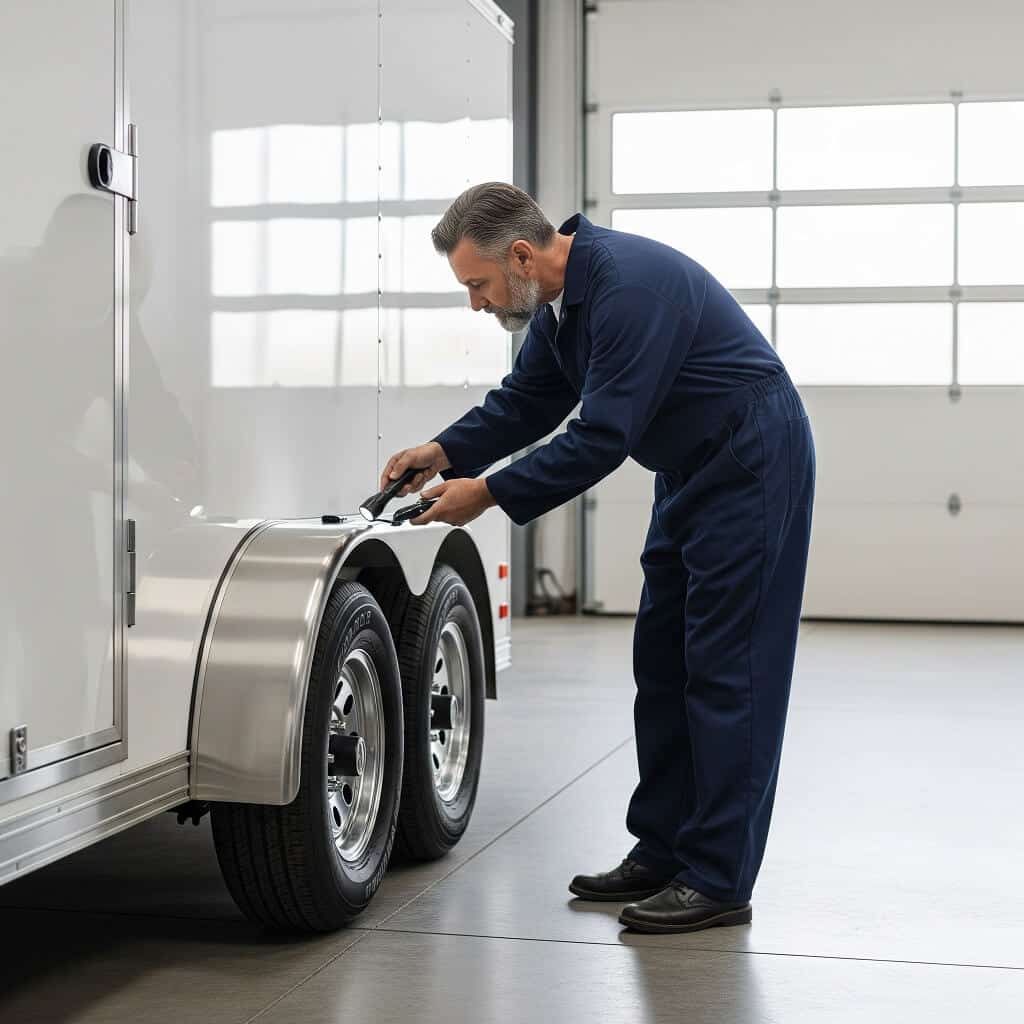 A person doing maintenance work on an enclosed trailer axle