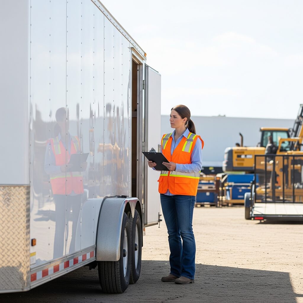 A person evaluating an enclosed trailer for hauling needs