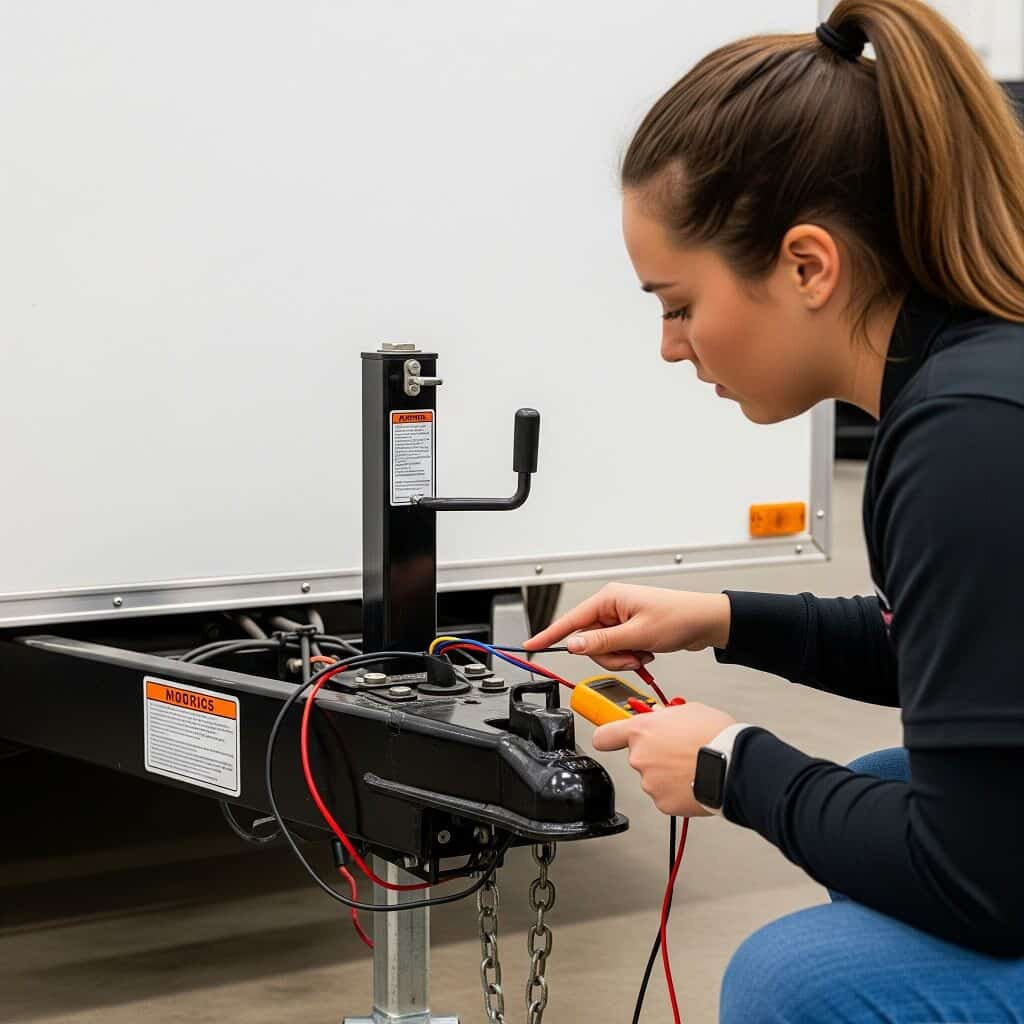 A person inspecting trailer wiring near the hitch