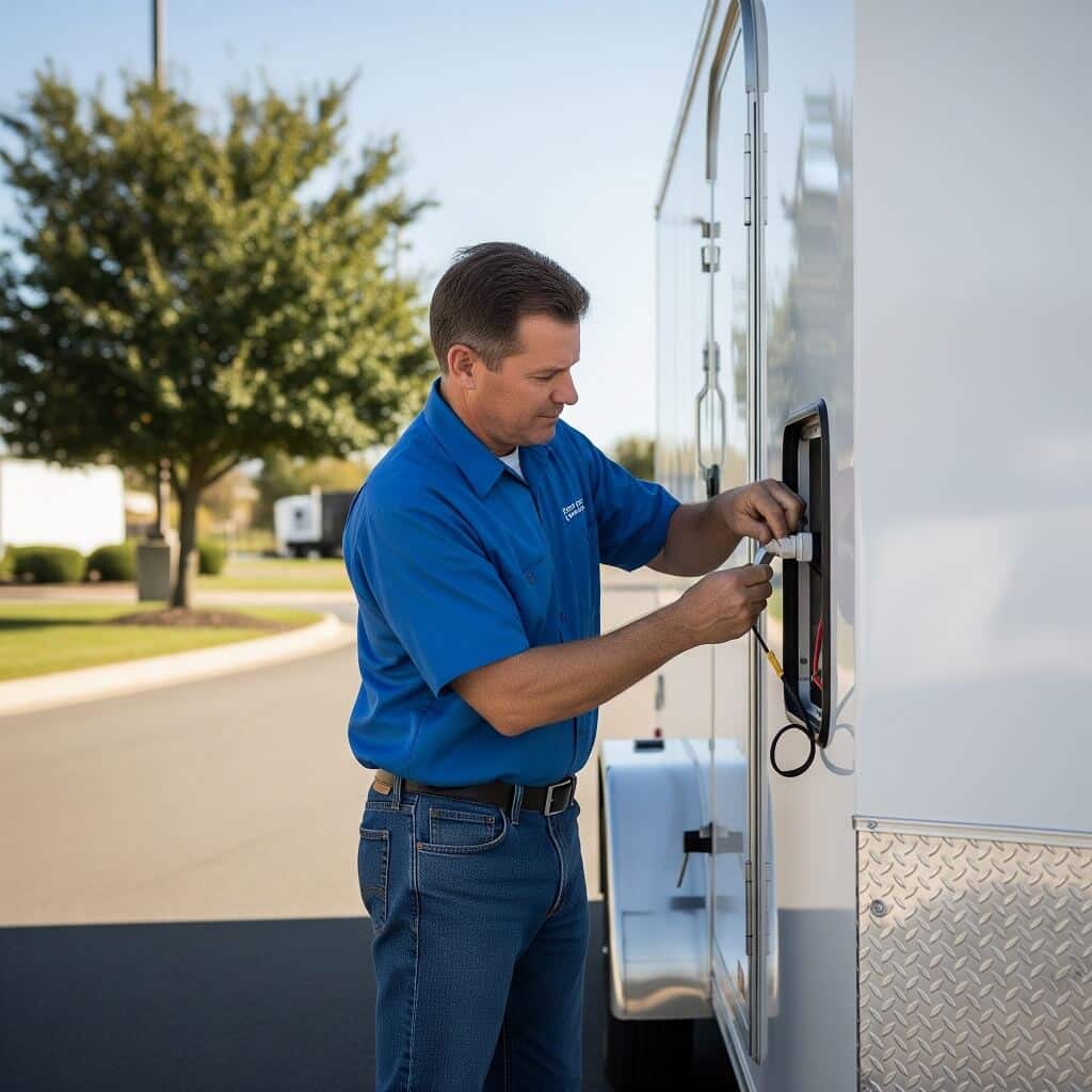 A person maintaining the lights and wiring of an enclosed trailer