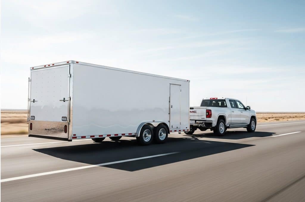 A pickup truck towing a large enclosed trailer on a highway
