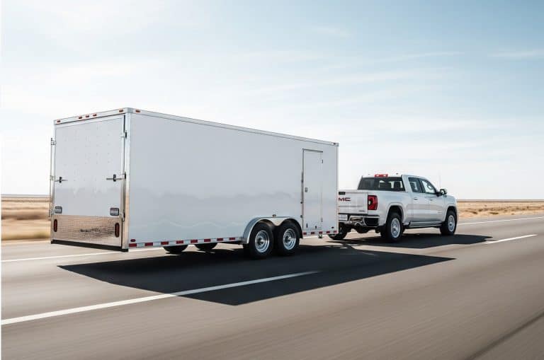 A pickup truck towing a large enclosed trailer on a highway