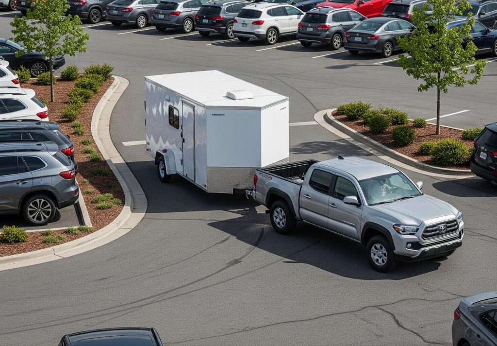 A single axle enclosed trailer being towed and maneuvered through a tight turn