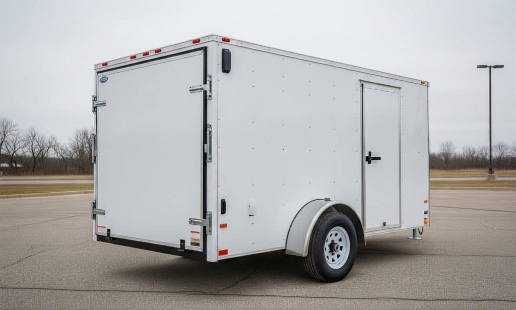 A single axle enclosed trailer parked in an open lot