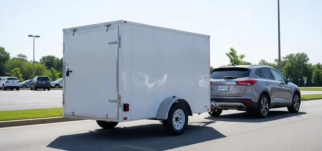 A small enclosed trailer hitched to a compact car